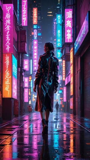  A neon-lit alleyway at night, rain-soaked and mysterious, where cyberpunk shadows converge. Neon signs casting a kaleidoscope of colors across wet pavement, as raindrops create a mesmerizing shimmer effect. Amidst the gloom, hybrid figures of human-machine fusion emerge, their forms shrouded in mystery. Framed by towering skyscrapers, this cyberpunk nightscape pulses with futuristic energy.