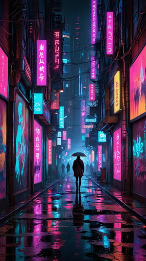  A neon-lit alleyway at night, rain-soaked and mysterious, where cyberpunk shadows converge. Neon signs casting a kaleidoscope of colors across wet pavement, as raindrops create a mesmerizing shimmer effect. Amidst the gloom, hybrid figures of human-machine fusion emerge, their forms shrouded in mystery. Framed by towering skyscrapers, this cyberpunk nightscape pulses with futuristic energy.