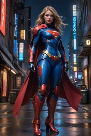 Full body dynamic wide angle heroic portrait , A dreamy Supergirl stands confidently against a warm cityscape backdrop, her long golden blonde hair blowing in the wind, streaked with subtle highlights framing her radiant face. Her vibrant makeup accentuates her striking facial structure as she gazes directly at the camera, blue eyes sparkling like stars on a clear evening sky. She wears a stunning titanium, red, and blue outfit with loose folds, complemented by matte Kryptonian ceramic mecha armor computer with gauntlets, leggings, and boots,mecha\(hubggirl)\, BREAK

Busy, scifi futuristic cyberpunk street scene at night