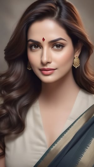 create a hyper realistic vertical photo of Indian most attractive woman in her 50s, Trendsetter long wavy hair, trending on artstation, portrait, digital art, modern, sleek, highly detailed, formal, determined, wearing plain cotton saree, in luxurious office, 36D , fairy tone, fair skin, flirty gaze, anne hathway
