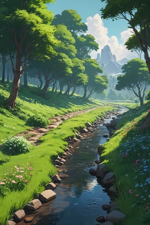 a digital painting of a stream running through a lush green field with trees and flowers, inspired by sylvain sarrailh, painted by andreas rocha, andreas rocha style, inspired by Andreas Rocha, in style of atey ghailan, by Andreas Rocha, the style of andreas rocha, anime countryside landscape, by sylvain sarrailh, inspired by Atey Ghailan, scenery artwork, sylvain sarrailh, scenery art detailed, anime nature wallpap, background art, scenery game concept art, landscape illustration, Atey Ghailan, anime landscape, anime nature