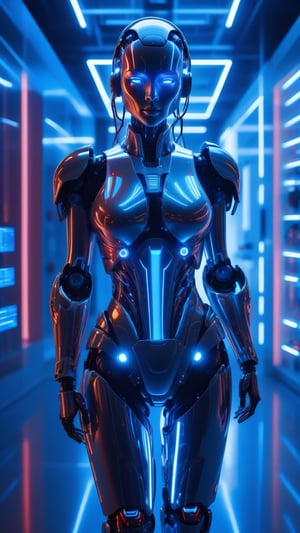 Futuristic humanoid robot stands at attention on polished white floor amidst high-tech laboratory's neon blue ambiance. Glowing blue circuits illuminate metallic skin, red LED eyes fixed forward. Articulated fingers grasping nothingness. Surrounding holographic screens display intricate algorithms and data streams. Shadows dance between soft glow and precision-lit machinery, blending cyberpunk aesthetic with technological prowess.