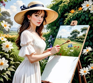 (masterpiece),  An image of a woman standing in a garden,  wearing a white dress and a straw hat,  painting a picture with an easel and brush,  the image is 8k quality