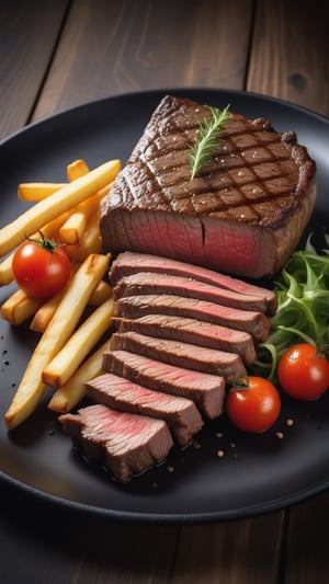 Beef steak, perfectly cooked, on a black plate, decorated beautifully. There were french fries on the plate. There are a few salad vegetables and tomatoes placed on a wooden table, giving the atmosphere of an English restaurant. high resolution images Use a macro lens to take beautiful photos with beautiful light.