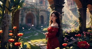 1girl,8k wallpaper,extremely detailed figure, amazing beauty, detailed characters, indoor,red dress,  light and shadow, cinematic light, depth of field, light spot, reflection,upper body, fantasy, green grass,fantasy_world, particle of light, flower petal scatter, splash