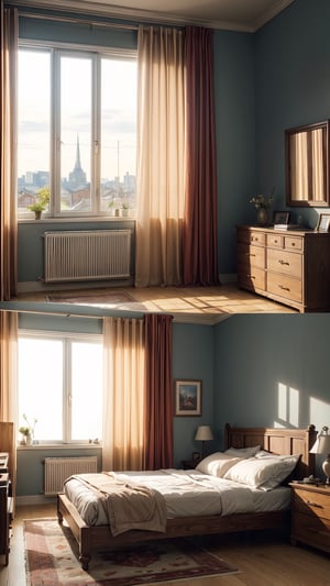 A Ultra realistic bedroom, windows, curtains, dark, masterpiece, high quality, 32k , perfect detailed, ultra sharp focus