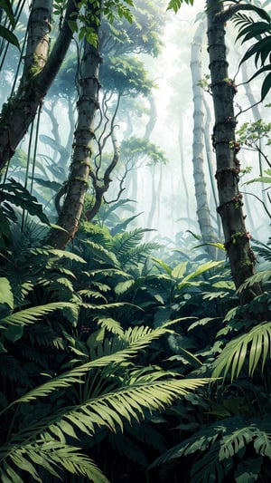 (Masterpiece),best quality,8k,hd,fantasy, a ghoslty pale green jungle,the dense fog,mysterious,jungle,lush and green,dence canopy,shaded fern,omnious,foreboding, exotic flora and fauna