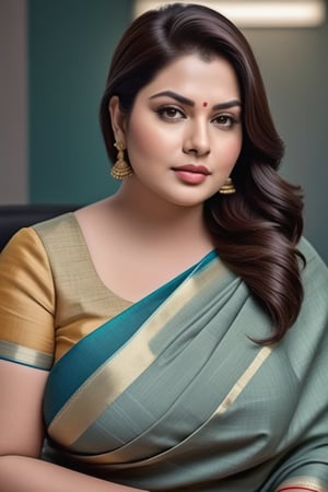 create a hyper realistic vertical photo of Indian most attractive plus sized chubby woman in her 50s, Trendsetter wolf cut hair, trending on artstation, portrait, digital art, modern, sleek, highly detailed, formal, determined, wearing plain cotton saree, in luxurious office, 36D , fairy tone, fair skin, flirty gaze, anne hathway