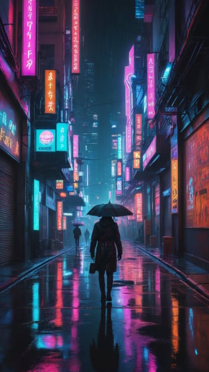  A neon-lit alleyway at night, rain-soaked and mysterious, where cyberpunk shadows converge. Neon signs casting a kaleidoscope of colors across wet pavement, as raindrops create a mesmerizing shimmer effect. Amidst the gloom, hybrid figures of human-machine fusion emerge, their forms shrouded in mystery. Framed by towering skyscrapers, this cyberpunk nightscape pulses with futuristic energy.,cyberpunk style