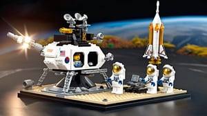 Lego brick scene, LEGO MiniFig, LEGO Creator, ((LEGO Astronauts in a LEGO Spaceship Launch site)), in 8k resolution,  Meticulous and intricate LEGO MOC, A highly detailed, Top  Quality, Artistic LEGO photography, Miniature scenes, cinematic texture , LEGO MiniFig, LEGO Creator, LEGO Space, LEGO MiniFig