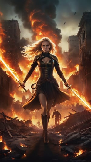 A poster for a movie, featuring an extreme wide shot of a transparent woman with long blonde hair and glowing eyes, flying over destroyed buildings in flames while holding her golden sword, surrounded by people running away from explosions. The poster has dramatic lighting, a cinematic style, a dark background with fiery reds and orange tones, detailed textures on skin, and a high contrast between light and shadow, replicated from the original movie poster and rendered in digital art with vibrant colors in the style of dramatic lighting and high contrast between light and shadow, Photo, 4K, UHD,LegendDarkFantasy,emo