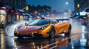 wallpaper featuring a McLaren F1 supercar racing through the rain-soaked streets of a city at night, with neon lights reflecting off the wet pavement and raindrops streaking past the car's headlights, capturing the thrill of a nighttime downpour