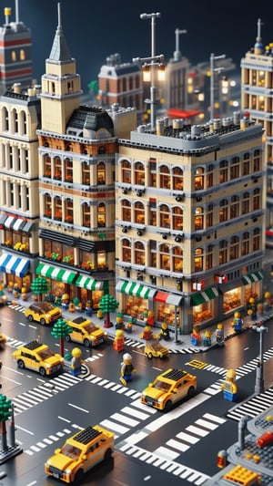LEGO busy city street night scene, highly detailed, super high resolution, 8K UHD,lego