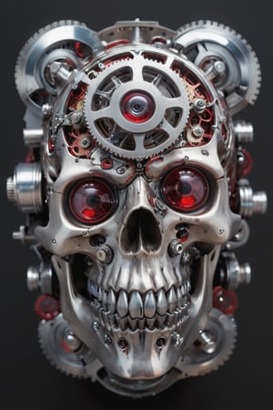 In a portrait shot with sharp focus and soft lighting, a masterpiece of bio-mechanical artistry takes center stage. A close-up view captures the intricate details of a skull adorned with gears and glass camera lens eyes that seem to gaze into the distance. The shiny Chrome and red obsidian black colors of the skull's surface gleam against the circuitry-rich background. Framed in crisp 4K resolution, this high-detailed portrait presents a mesmerizing fusion of technology and organic form.