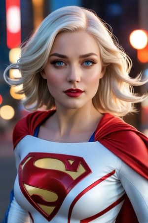 Dreamy Supergirl stands confidently, her platinum hair streaked with subtle highlights framing her radiant face, vibrant makeup accentuating her striking facial structure. She gazes directly at the camera, blue eyes sparkling like stars on a clear evening sky. Wearing white, red, and blue outfit with loose folds, matte Kryptonian ceramic armor adds mystery. Cityscape background serves as dramatic backdrop for epic composition under warm global illumination.