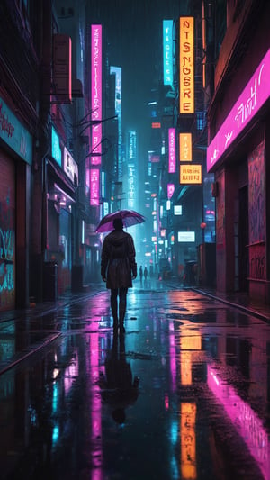  A neon-lit alleyway at night, rain-soaked and mysterious, where cyberpunk shadows converge. Neon signs casting a kaleidoscope of colors across wet pavement, as raindrops create a mesmerizing shimmer effect. Amidst the gloom, hybrid figures of human-machine fusion emerge, their forms shrouded in mystery. Framed by towering skyscrapers, this cyberpunk nightscape pulses with futuristic energy.