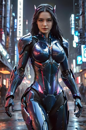 (Masterpiece:1.5), (Best quality:1.5), Cyberpunk style, full body, Masterpiece, photorealistic, futuristic sci fi town, futuristic buildings, sci fi architecture, rich colors, saturated colors, vibrant colors, realistic image of an elegant lady, supermodel Superhero, long black hair, blue eyes, wearing high-tech cyberpunk style black Batwoman suit, radiant Glow, sparkling suit, mecha, perfectly customized high-tech suit, ice theme, custom design, 1 girl,mecha,Magic Forest,mecha musume,mecha\(hubggirl)\