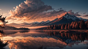 a magnificent sunset over a mountainous landscape, where the high peaks are bathed in a golden light and the sky is painted with soft shades of orange and pink. The clouds extend in dramatic shapes, a tranquil lake reflects the beauty of the sky, while silhouetted trees add a touch of mystery to the landscape. The balanced composition and vastness of nature convey a sense of calm and wonder at the grandeur of the natural setting, 4k