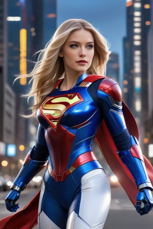 Supergirl poses confidently against a warm cityscape backdrop, her long golden blonde hair streaked with subtle highlights framing her radiant face as it blows in the wind. Vibrant makeup accentuates her striking facial structure as she gazes directly at the camera, blue eyes sparkling like stars on a clear evening sky. She wears a stunning white, red, and blue outfit with loose folds, complemented by matte Kryptonian ceramic mecha armor computer with gauntlets, leggings and boots. The unfocused urban landscape serves as a dramatic backdrop for this epic character composition,mecha\(hubggirl)\