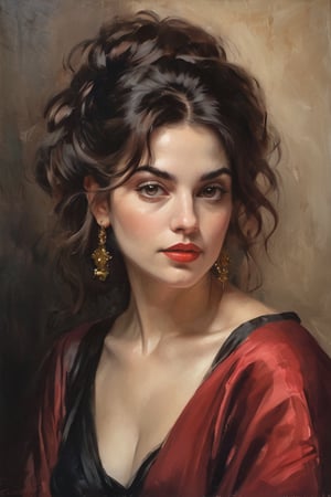 An oil painting in the style of John Singer Sargent and a print by Ivana Besevic, the lighting style of Rembrandt. A beautiful portrait of a 40-year-old  Persian lady. A detailed, beautiful, mature round chubby face, elegant long dark hairstyle, beautiful, large eyes and full lips,  intense saturated dark red black shades of color