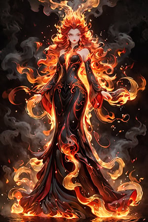 Visualize the majestic (((Queen of Fire))), elegantly poised with a commanding presence, dressed in a flowing (((lava gown))), her luxurious red tresses cascading down her back like molten tendrils, and her piercing eyes reflecting the untamed power of fire, held aloft by a (((scepter ornamented with flames))), exuding regal authority and unfettered passion