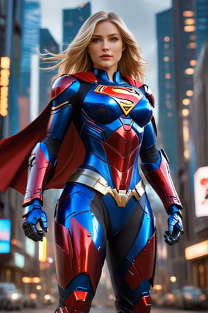 Full body dynamic wide angle heroic portrait , A determined Supergirl flies confidently against a warm cityscape backdrop, her long golden blonde hair blowing in the wind, framing her radiant face. Her vibrant makeup accentuates her striking facial structure as she gazes directly at the camera, blue eyes sparkling. She wears a stunning titanium, red, and blue outfit, complemented by matte Kryptonian ceramic mecha armor complete with gauntlets, leggings, and boots,mecha\(hubggirl)\, BREAK

Busy, scifi futuristic cyberpunk city scene at night