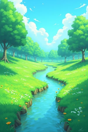 a digital painting of a stream running through a lush green field with trees and flowers, inspired by sylvain sarrailh, painted by andreas rocha, andreas rocha style, inspired by Andreas Rocha, in style of atey ghailan, by Andreas Rocha, the style of andreas rocha, anime countryside landscape, by sylvain sarrailh, inspired by Atey Ghailan, scenery artwork, sylvain sarrailh, scenery art detailed, anime nature wallpap, background art, scenery game concept art, landscape illustration, Atey Ghailan, anime landscape, anime nature