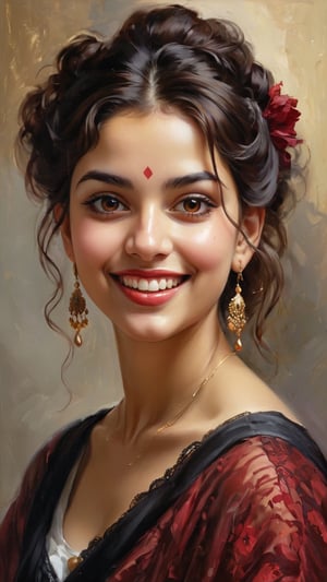 An oil painting in the style of John Singer Sargent and a print by Ivana Besevic, the lighting style of Rembrandt. A beautiful portrait of a 25-year-old chubby young Indian lady. A detailed, beautiful, mature round chubby face, beautiful surprised happy laughing  expression, elegant dark updo hairstyle, beautiful, large eyes and full lips, (( intense saturated dark red black lace shades of color ))