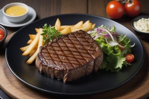 Beef steak, perfectly cooked, on a black plate, decorated beautifully. There were french fries on the plate. There are a few salad vegetables and tomatoes placed on a wooden table, giving the atmosphere of an English restaurant. high resolution images Use a macro lens to take beautiful photos with beautiful light.