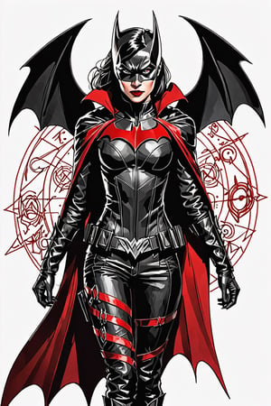 dark, gritty, realistic,  (masterpiece, best quality:1.3), (2d:1.3), ink (medium), White background, ((Half body)),portrait, Batwoman, long red cape, standing on a gargoyle, above Gotham city, Sketch book, hand drawn, dark, gritty, realistic sketch, Rough sketch, mix of bold dark lines and loose lines, arcane symbols, runes, dark theme, flowing black hair, beautiful, ((all black leather clothing with red accents)), embroidered with Bat runes, black leather pants,  leather rune embroidered boots, (sharp lines), lines of bold ink, strong outlines, bold strokes, high contrast, (professional vector), best quality, flat colors, flat lights, no shadows, low levels, ((geometric shapes)), ((arcane symbols)),  dark theme, Perfect composition, 4k, sharp focus. Better hand, perfect anatomy