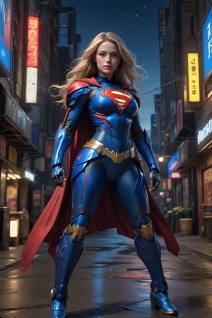 Full body dynamic wide angle heroic portrait , A dreamy Supergirl stands confidently against a warm cityscape backdrop, her long golden blonde hair blowing in the wind, streaked with subtle highlights framing her radiant face. Her vibrant makeup accentuates her striking facial structure as she gazes directly at the camera, blue eyes sparkling like stars on a clear evening sky. She wears a stunning titanium, red, and blue outfit with loose folds, complemented by matte Kryptonian ceramic mecha armor computer with gauntlets, leggings, and boots,mecha\(hubggirl)\, BREAK

Busy, scifi futuristic cyberpunk street scene at night