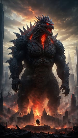 Imagine a colossal Godzilla, its stupendous body the size of a city, towering over a desolate landscape, Gigantic legs crushing the ruins below, while glowing red eyes scan for prey, reflecting the dying light of a shattered world.
 
