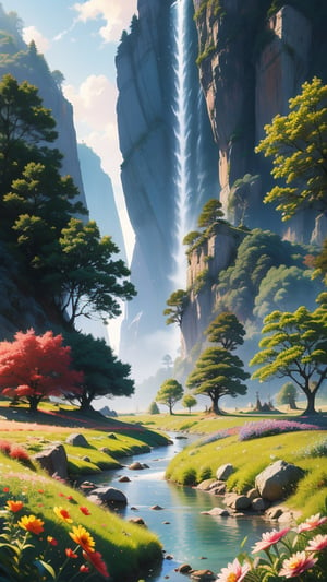 a digital painting of a stream running through a lush green field with trees and flowers, inspired by sylvain sarrailh, painted by andreas rocha, andreas rocha style, inspired by Andreas Rocha, in style of atey ghailan, by Andreas Rocha, the style of andreas rocha, anime countryside landscape, by sylvain sarrailh, inspired by Atey Ghailan, scenery artwork, sylvain sarrailh, scenery art detailed, anime nature wallpap, background art, scenery game concept art, landscape illustration, Atey Ghailan, anime landscape, anime nature