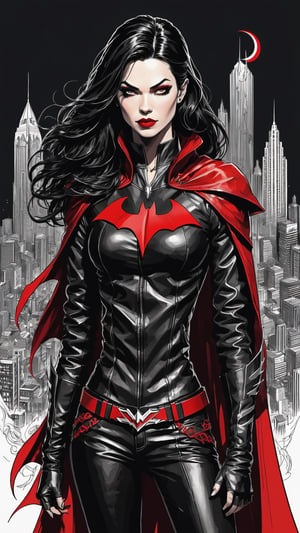 dark, gritty, realistic,  (masterpiece, best quality:1.3), (2d:1.3), ink (medium), White background, ((Half body)),portrait, Batwoman, long red cape, standing on a gargoyle, above city, Sketch book, hand drawn, dark, gritty, realistic sketch, Rough sketch, mix of bold dark lines and loose lines, arcane symbols, runes, dark theme, flowing black hair, beautiful, ((all black leather clothing with red accents)), embroidered with Kryptonian runes, black leather pants,  leather rune embroidered boots, (sharp lines), lines of bold ink, strong outlines, bold strokes, high contrast, (professional vector), best quality, flat colors, flat lights, no shadows, low levels, ((geometric shapes)), ((arcane symbols)),  dark theme, Perfect composition, 4k, sharp focus. Better hand, perfect anatomy