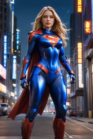 Full body dynamic portrait , A dreamy Supergirl stands confidently against a warm cityscape backdrop, her long golden blonde hair blowing in the wind, streaked with subtle highlights framing her radiant face. Her vibrant makeup accentuates her striking facial structure as she gazes directly at the camera, blue eyes sparkling like stars on a clear evening sky. She wears a stunning titanium, red, and blue outfit with loose folds, complemented by matte Kryptonian ceramic mecha armor computer with gauntlets, leggings, and boots,mecha\(hubggirl)\, BREAK

Busy, scifi futuristic cyberpunk street scene at night