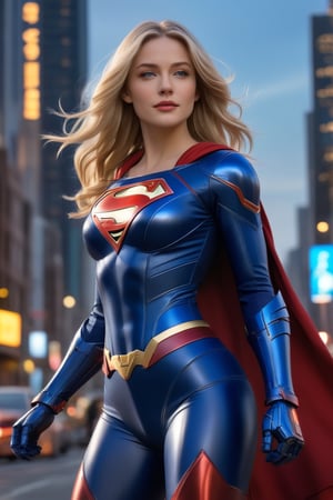 A dreamy Supergirl stands confidently, her long golden blonde hair streaked with subtle highlights framing her radiant face as it blows in the wind. The vibrant makeup accentuates her striking facial structure as she gazes directly at the camera, blue eyes sparkling like stars on a clear evening sky. She wears a stunning white, red, and blue outfit with loose folds, complemented by matte Kryptonian ceramic mecha armor computer with gauntlets, leggings and boots Against a warm cityscape backdrop, the unfocused urban landscape serves as a dramatic backdrop for this epic character composition.