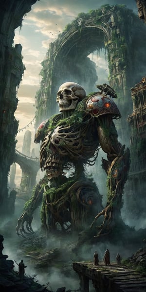 Vast City of the Fallen Titan,A city that defies gravity, built upon a colossal titan's skeleton, homes nestle within its ribcage, while vertebrae form platforms and weathered arms serve as bridges, Vines creep across the petrified skull, hinting at the titan's forgotten past, Awe-inspiring and unsettling, the scene showcases human ingenuity amidst the enduring power of the dead, Photo, 4K, UHD,LegendDarkFantasy,emo