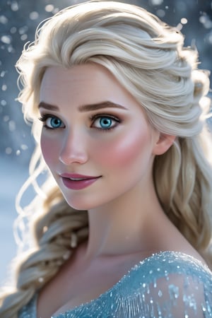 A stunningly beautiful woman, Queen Elsa from Frozen with long blonde hair is illuminated by soft, shadowy light in a close-up shot. Her features are delicate and elegant, exuding an air of mystery and allure. The image, most likely a photograph, captures her ethereal presence perfectly, with every strand of hair and curve of her face sharply defined. The soft lighting enhances her natural beauty, creating a mesmerizing and captivating portrait. Overall, this high-quality image showcases the woman's timeless and enchanting charm in a subdued yet powerful way, BREAK

Wide angle heroic cinematic view, Dancing in the magnificent snowy winter landscape of ice and towering mountains