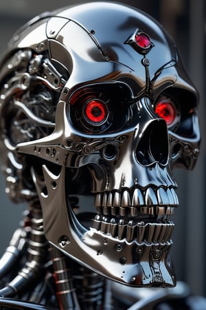 In a close-up shot with sharp focus and soft lighting, a masterpiece of bio-mechanical artistry dominates the frame. A black Chrome Terminator Endoskeleton skull, adorned with Chrome gears and ruby glass camera lens eyes, commands attention as it appears to gaze into the distance. The matte titanium and ceramic black hues of the skull's surface gleam against the intricate circuitry-rich background, set in crisp 4K resolution.