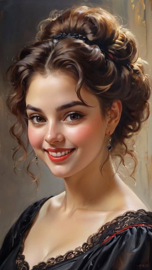 An oil painting in the style of John Singer Sargent and a print by Ivana Besevic, the lighting style of Rembrandt. A beautiful portrait of a 25-year-old chubby young Persian princess. A detailed, beautiful, mature round chubby face, beautiful surprised happy ecstatic laughing  bexpression, elegant updo hairstyle, beautiful, large eyes and full lips, (( intense saturated dark red black lace shades of color ))