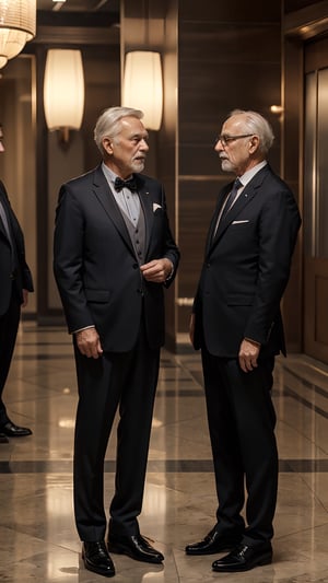 High detailed, 2people, ((2 old men)), ((standing side by side)), ((black suit)), (Oxfords), having an animated conversation, different color hair, different height, muscled, handsome, stubble, 8k HD wallpaper,intricate details, (hotel lobby), (full body), ((people focus)), close up, 