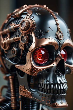 In a portrait shot with sharp focus and soft lighting, a masterpiece of bio-mechanical artistry takes center stage. A close-up view captures the intricate details of an orate steampunk black ceramic metal skull adorned with copper gears and ruby glass camera lens eyes that seem to gaze into the distance. The matte titanium and ceramic black colors of the skull's surface gleam against the circuitry-rich background. Framed in crisp 4K resolution, this high-detailed portrait presents a mesmerizing fusion of technology and organic form.