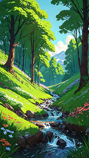 a digital painting of a stream running through a lush green field with trees and flowers, inspired by sylvain sarrailh, painted by andreas rocha, andreas rocha style, inspired by Andreas Rocha, in style of atey ghailan, by Andreas Rocha, the style of andreas rocha, anime countryside landscape, by sylvain sarrailh, inspired by Atey Ghailan, scenery artwork, sylvain sarrailh, scenery art detailed, anime nature wallpap, background art, scenery game concept art, landscape illustration, Atey Ghailan, anime landscape, anime nature