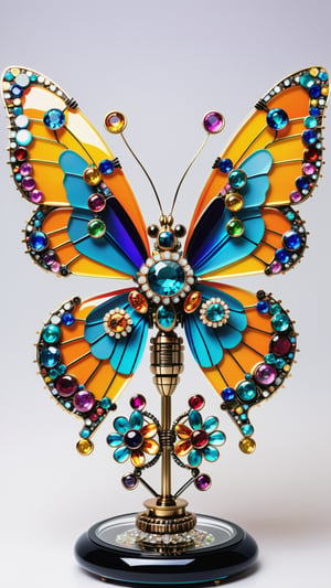 macro photography of a colorful crystalline metal biomechanoid robot butterfly made out of Jewels and precious Stones sitting on a circuit patterned flower arrangement in a glass vase, cyberpunk style,32K, hipperealistic,BugCraft,more detail XL