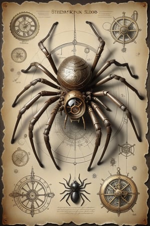 patent style drawing of steampunk Shelob the giant Spider in ink on old parchment paper,(steampunk:1.2),old fashioned,nostalgic, dark background, ancient hieroglyphic inscriptions, DonMSt34mPXL,mecha