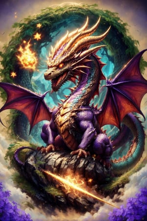 Generate hyper realistic DRAGON cub, Dragon cub made like the video game character Spyro, with dragon scales with a shiny purple and gold outline,  horns golden and two red wings,  it has four purple legs,  a charismatic personality,  a cunning look,  the dragon has the tip of its tail in the shape of a golden arrow,xxmixgirl