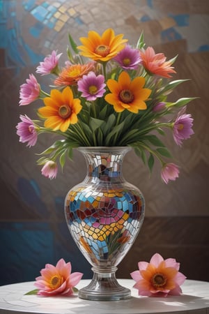 (masterpiece), An image that has a mosaic style and a mirrored glass vase with beautiful and majestic flowers, the image is 8k quality. ,,<lora:659095807385103906:1.0>