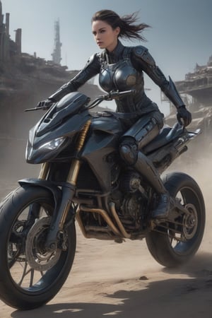 A striking, high-precision futuristic cyborg woman soars through the air above a devastated, apocalyptic Earth on a sleek, water-propelled mechanical motorcycle. The motorcycle is adorned with intricate, exposed gears and metallic components, revealing the complex internal structures. The cyborg's mechanical face is partially visible, revealing her advanced robotics. She is a powerful, humanoid warrior, a blend of organic and mechanical elements, reminiscent of a dark fantasy Terminator-like figure. The cinematic scene captures the eerie, desolate beauty of a world left in ruins, with a haunting darkness that surrounds the powerful protagonist., dark fantasy, cinematic, photo


