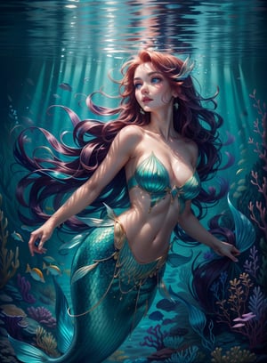 "Craft an exquisite image of a beautiful mermaid gracefully submerged in crystalline waters, her flowing iridescent tail reflecting the play of light. Surround her with an underwater tableau of stunning coral reefs, swaying aquatic plants, and a kaleidoscope of colorful fishes that weave through the aquatic tapestry, creating a mesmerizing and vibrant underwater world.",Mermaid, perfect deep blue eyes, perfect hairs, perfect face, perfect mermaid body, perfect underwater background,