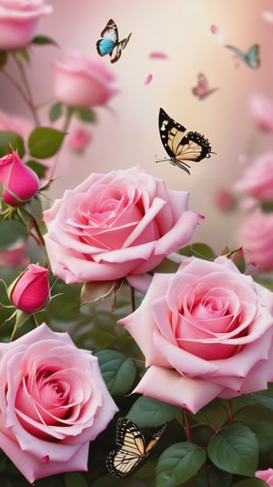 Capture a photorealistic image of pink blooming roses in various sizes, with delicate petals gently falling from their stems. The background should be intentionally blurred to focus attention on the rose's vibrant beauty. Petals scattered across the ground create a romantic atmosphere. In this serene setting, a few butterflies flit about, adding whimsy and wonder to the scene.